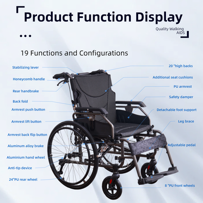 Wheelchair Manual Aluminum 24 In Quick Release Wheels Memory Foam Dark Gray