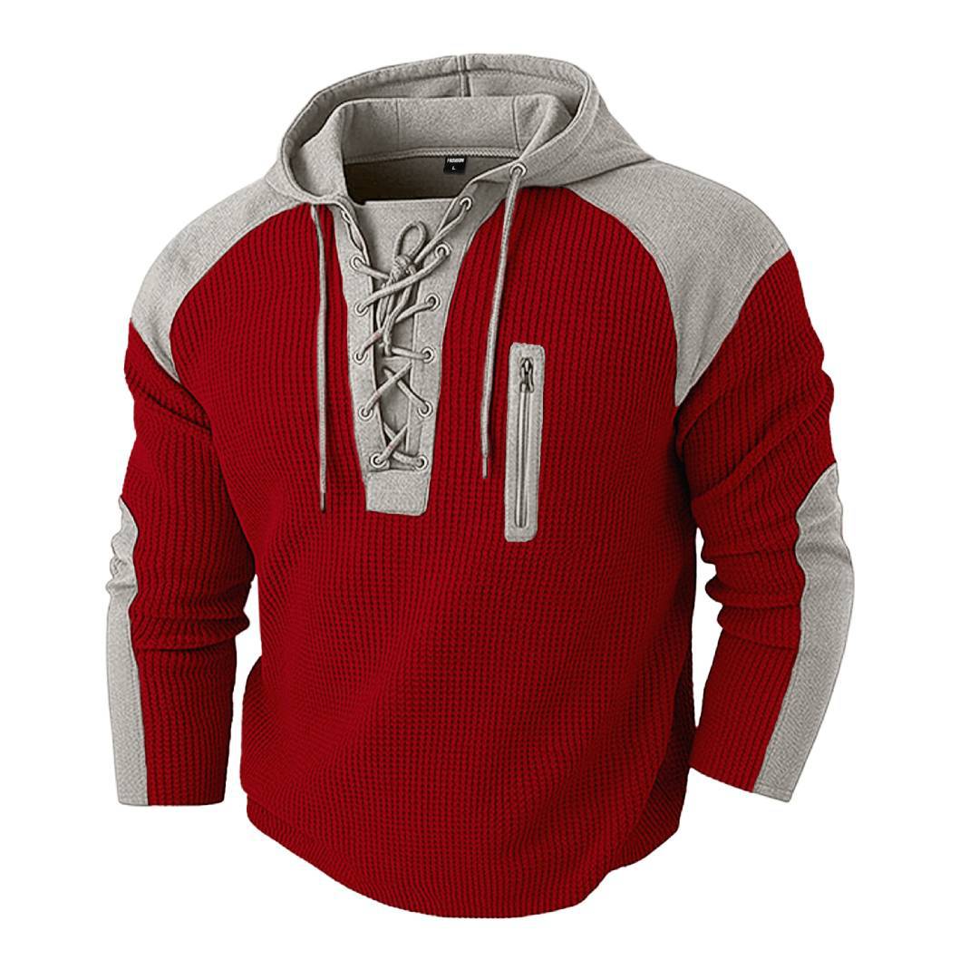 Mens Drawstring Hoodie Waffle-Weave Sweatshirt