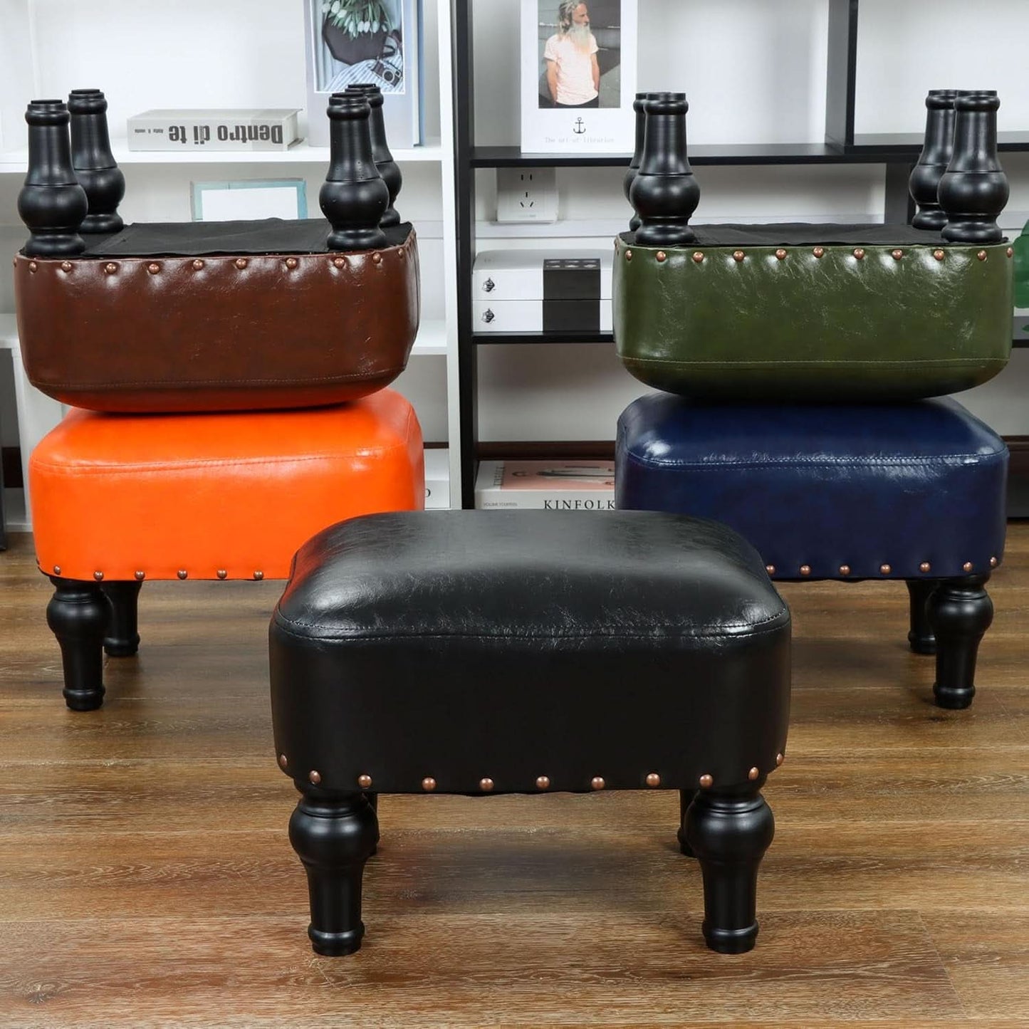 Black Leather Ottoman Footstool With Thick Padded Foam