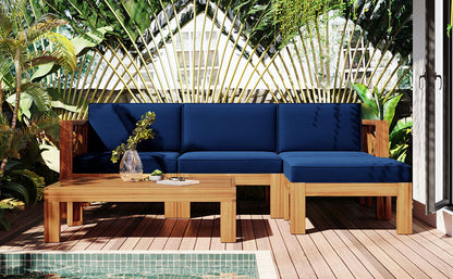 Outdoor Patio Sectional Set Acacia Wood Natural Blue Cushions 5 Piece