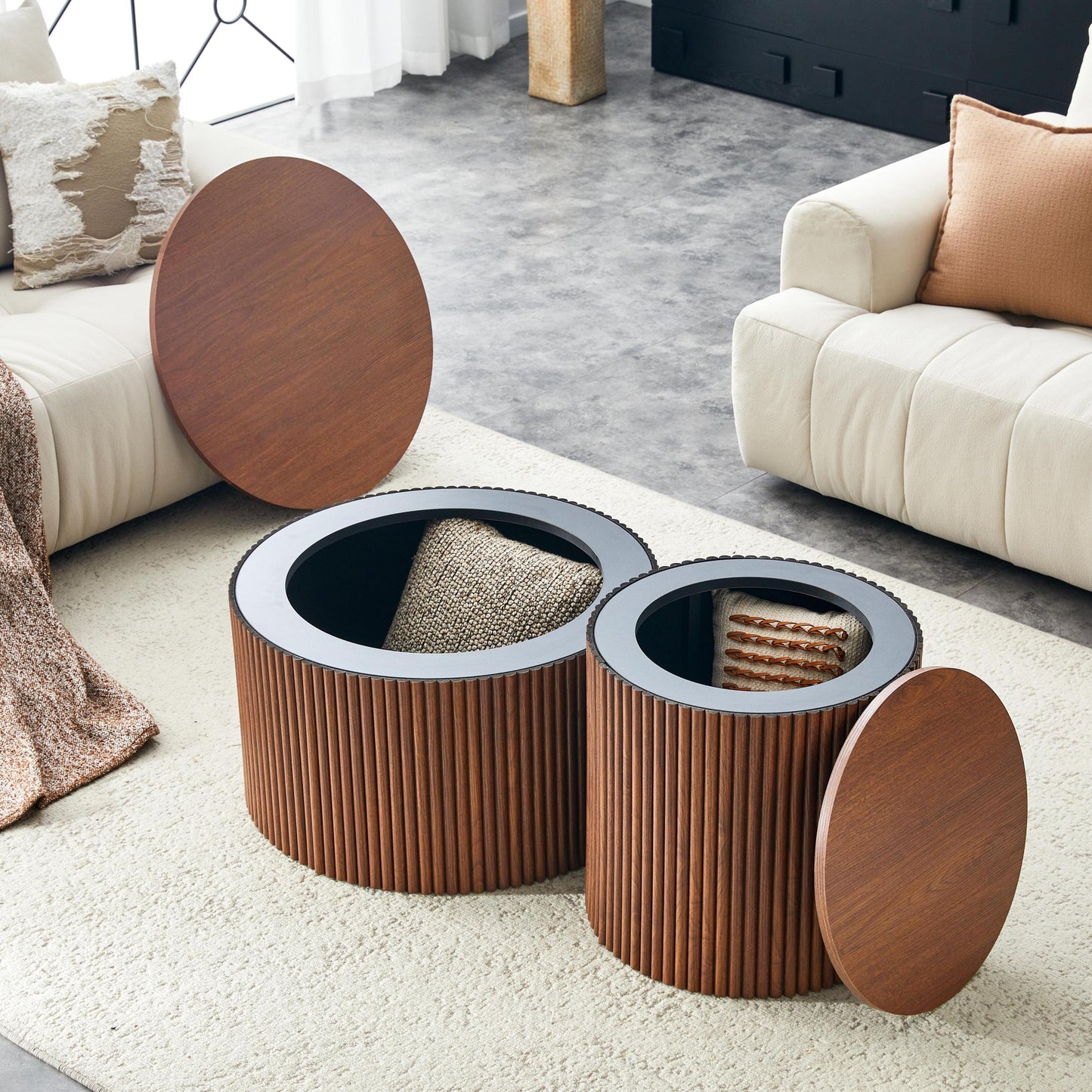 2-Piece Nesting Coffee Table Set, Roman Column MDF Round, Built-in Storage