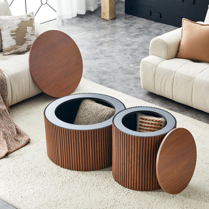 2-Piece Nesting Coffee Table Set, Roman Column MDF Round, Built-in Storage