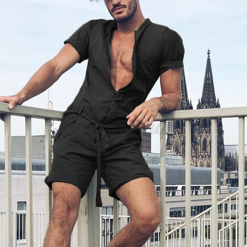 Solid-color Short-sleeve Jumpsuit For Men