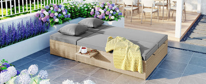 Outdoor Double Sunbed, Wicker Rattan Patio Reclining Chairs with Adjustable