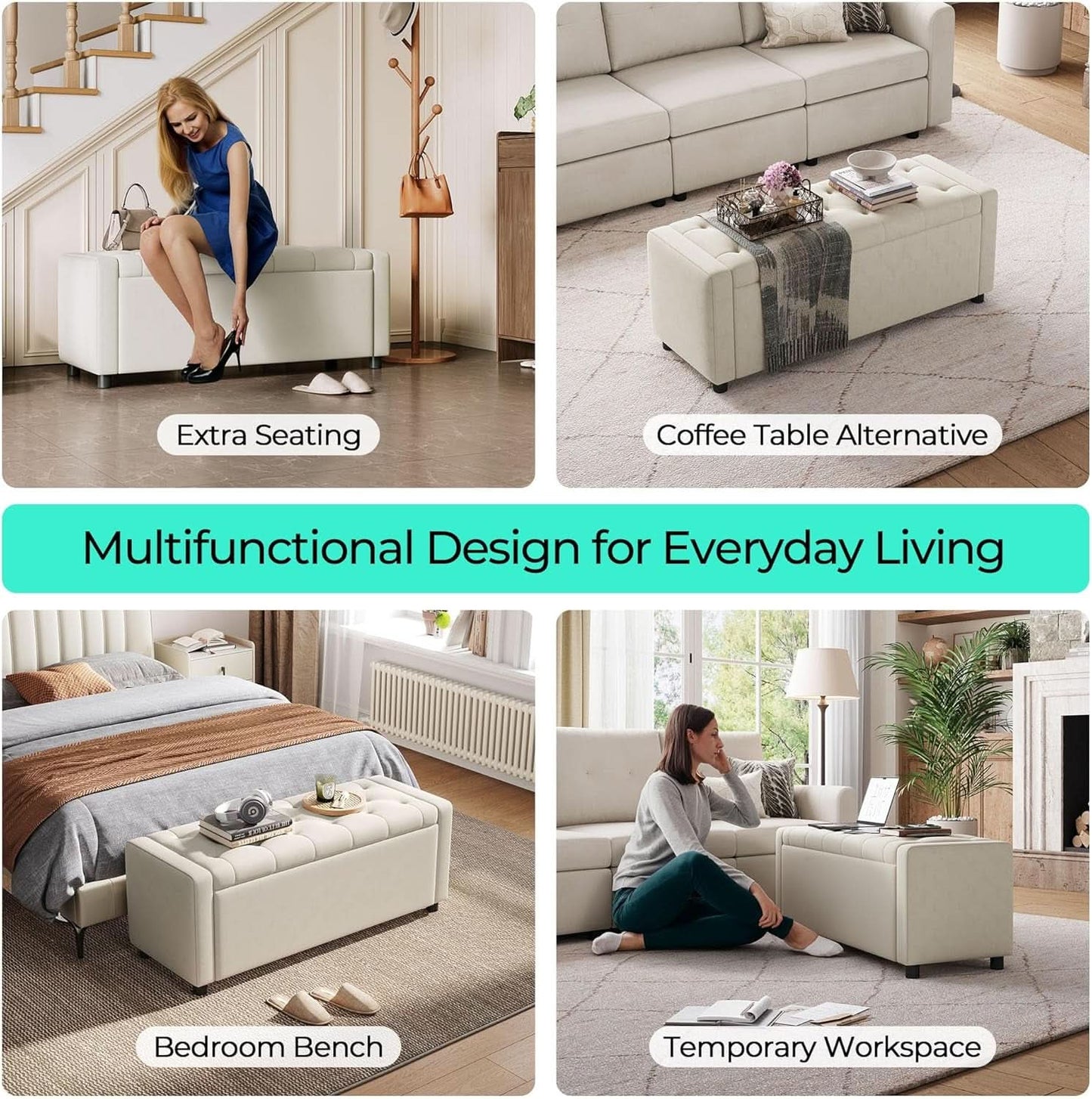 Fifty Inch Upholstered Storage Ottoman Bench Beige