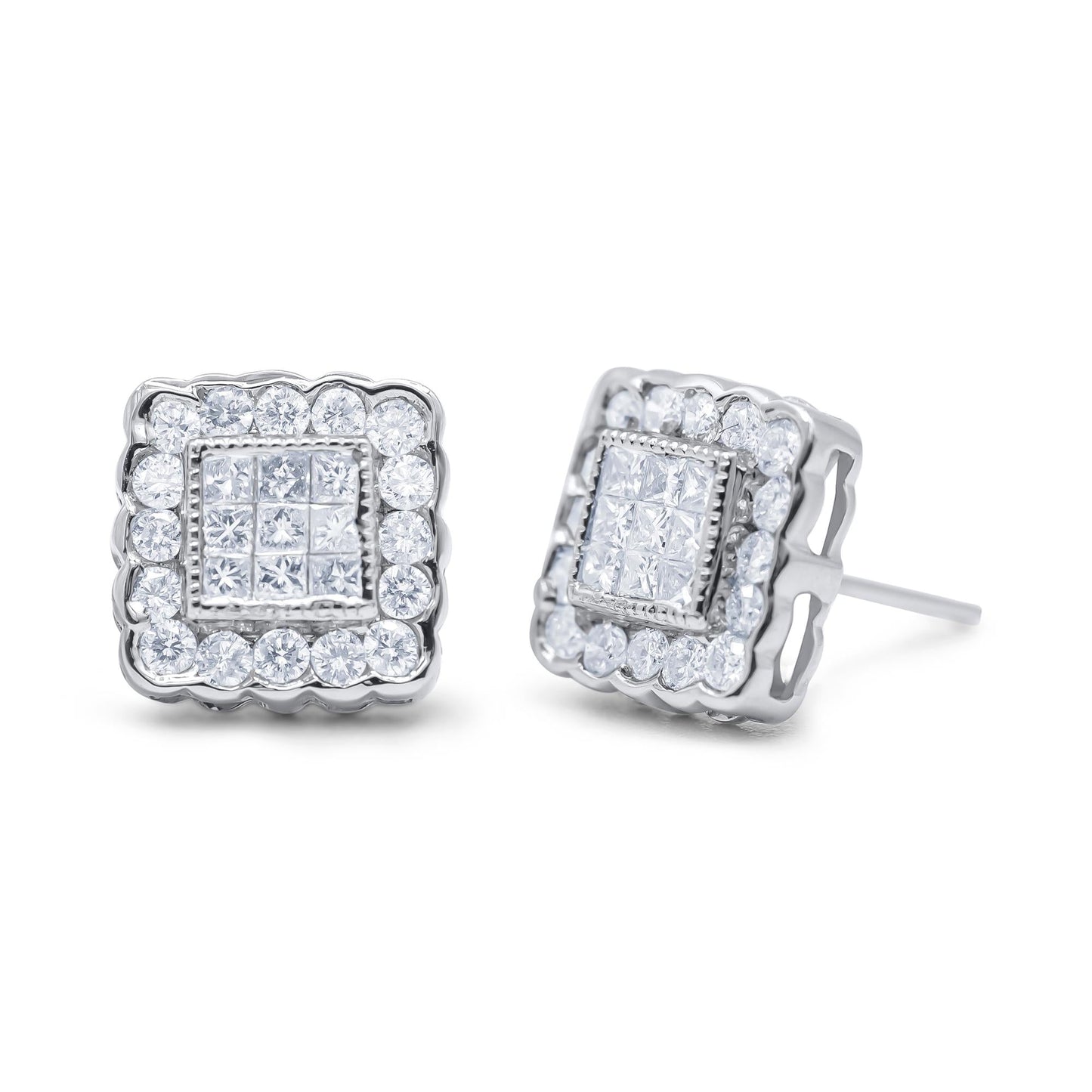 Round & Princess Cut Diamond Halo Stud Earrings in 14K White Gold – 1 cttw