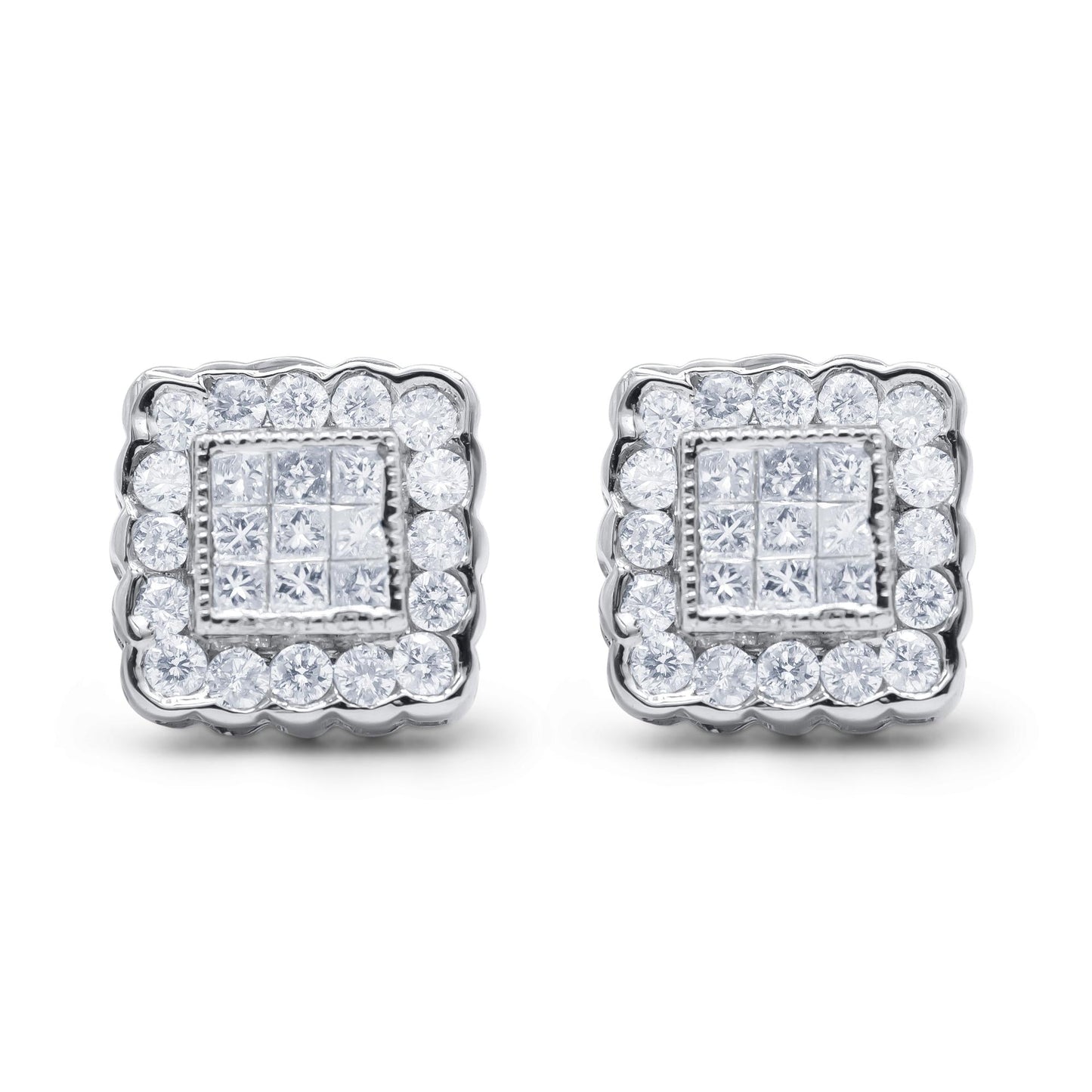 Round & Princess Cut Diamond Halo Stud Earrings in 14K White Gold – 1 cttw