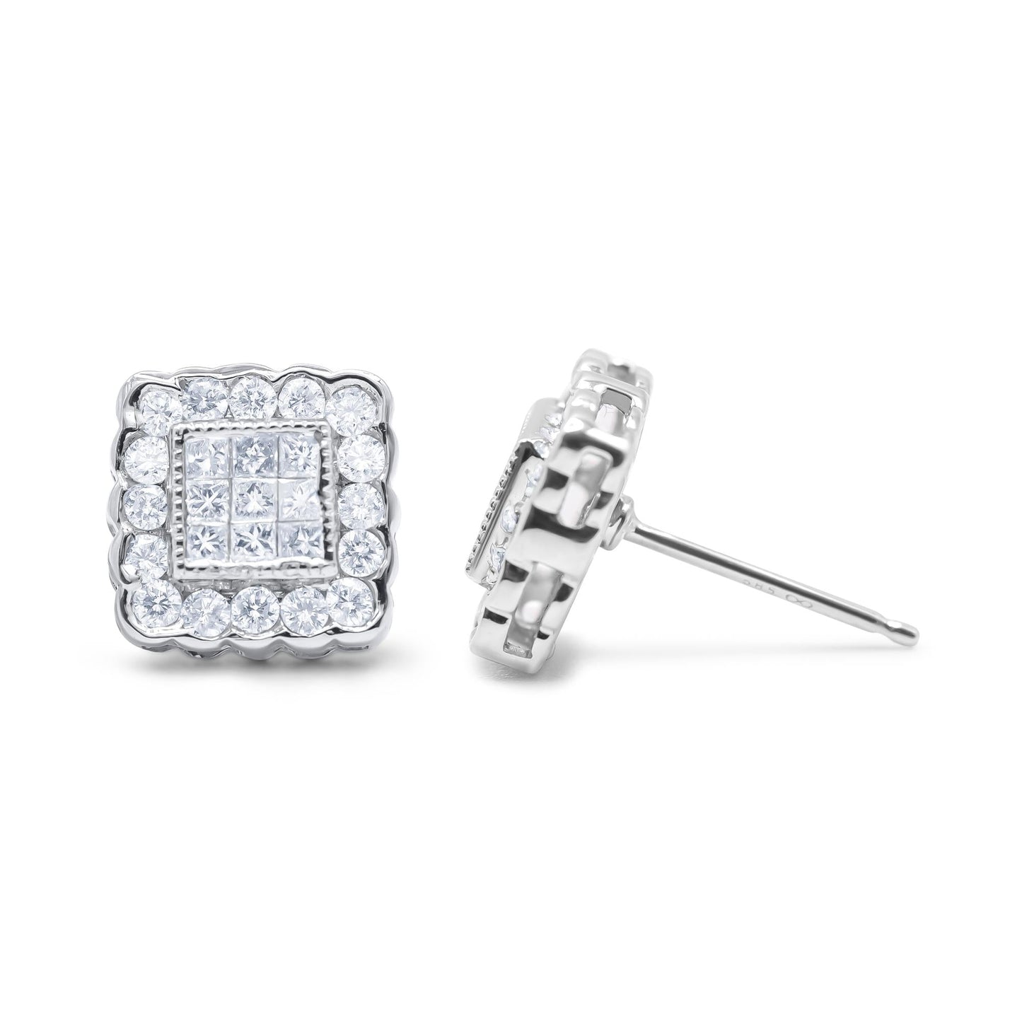 Round & Princess Cut Diamond Halo Stud Earrings in 14K White Gold – 1 cttw