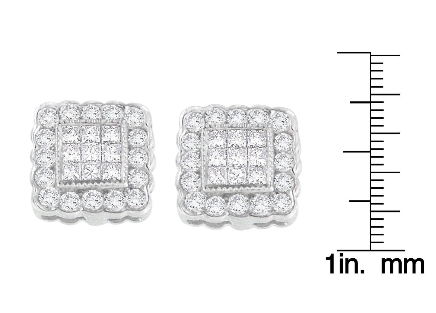 Round & Princess Cut Diamond Halo Stud Earrings in 14K White Gold – 1 cttw