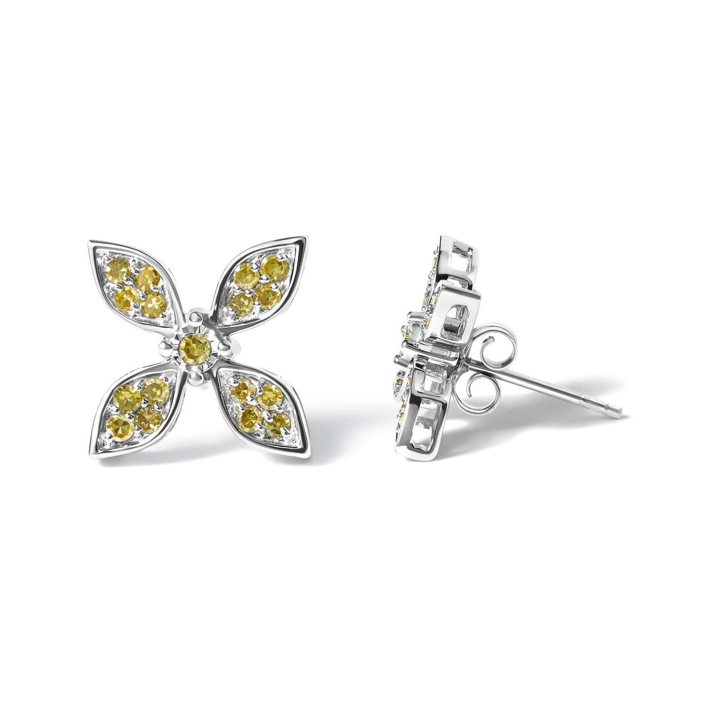 Yellow Diamond Floral Stud Earrings in Rhodium-Plated Sterling Silver – Treated