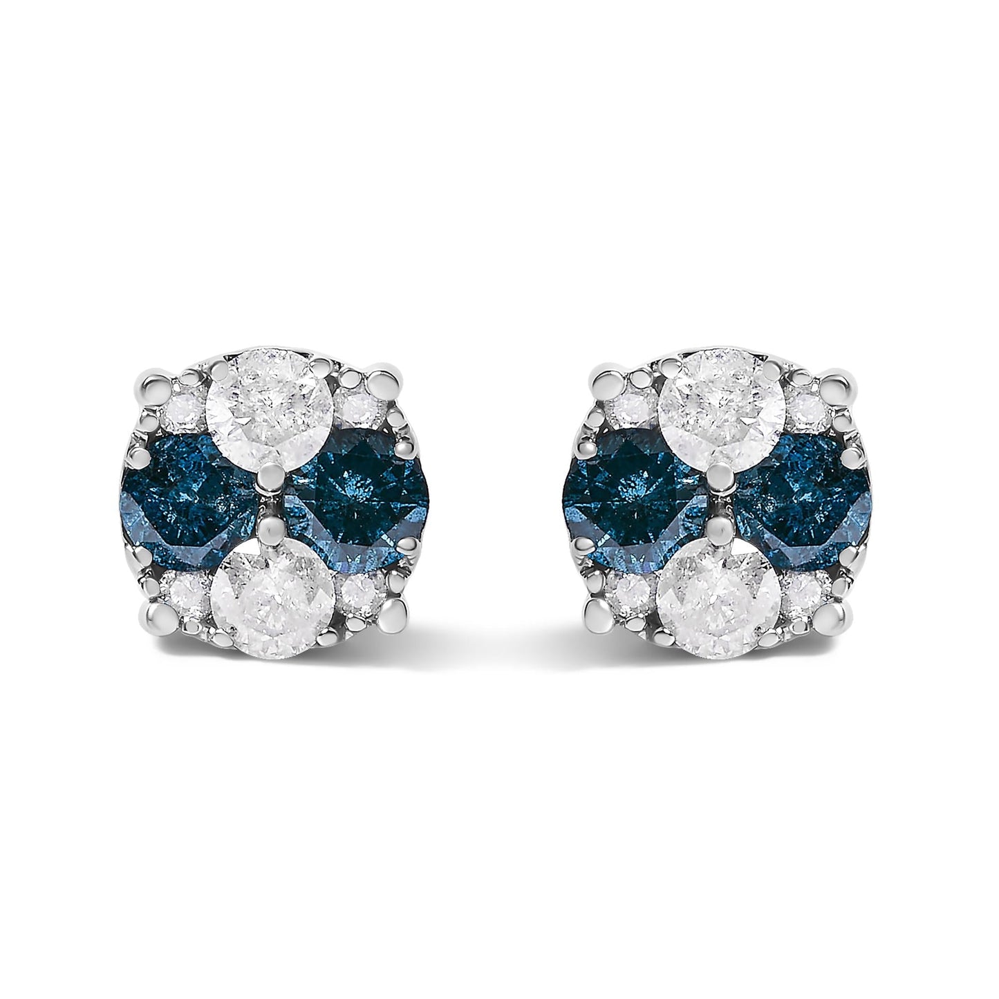 Blue Diamond Composite Cluster Stud Earrings in Sterling Silver – 2 Cttw