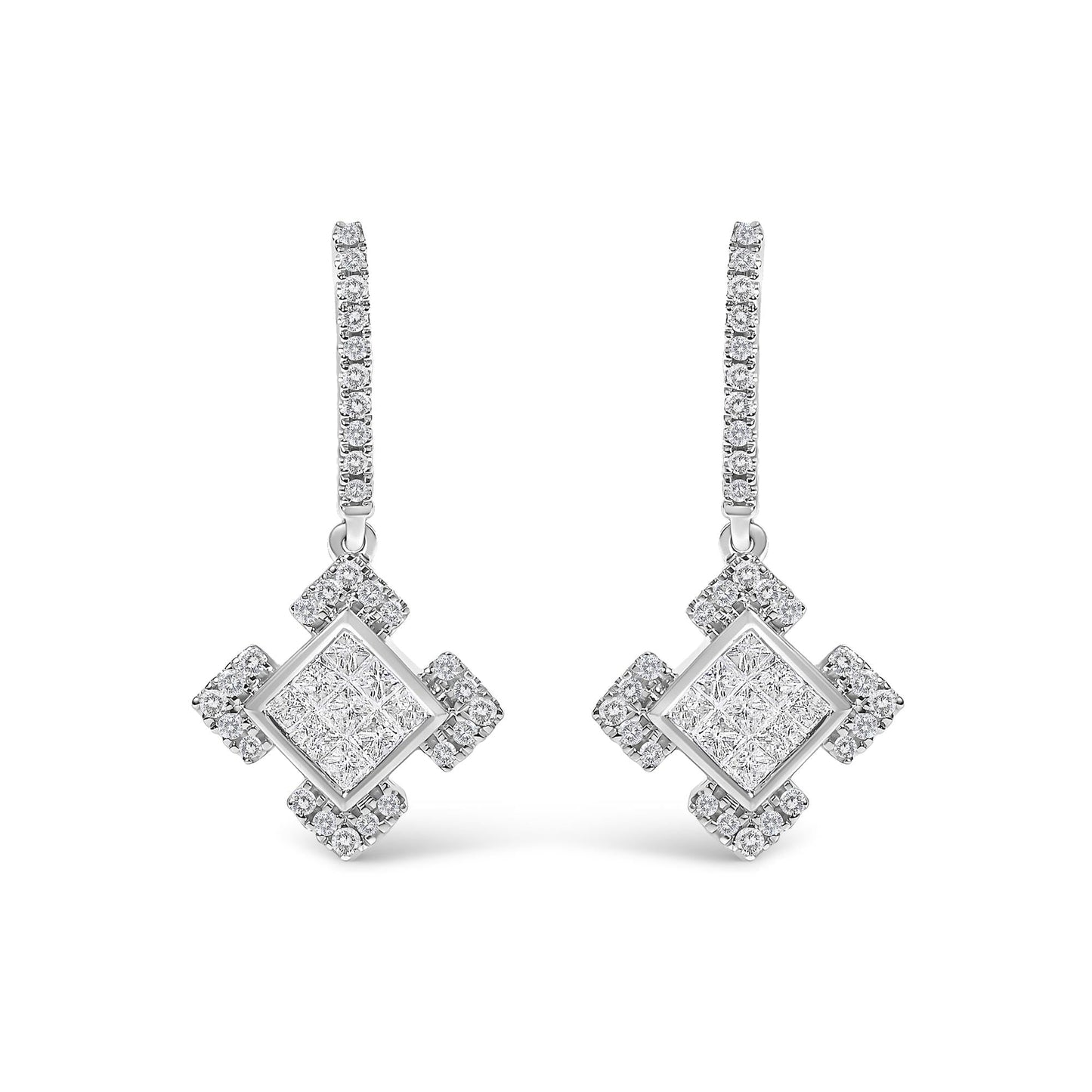 Princess & Round Diamond Geometric Dangle Earrings in 10K White Gold – 1/2 Cttw
