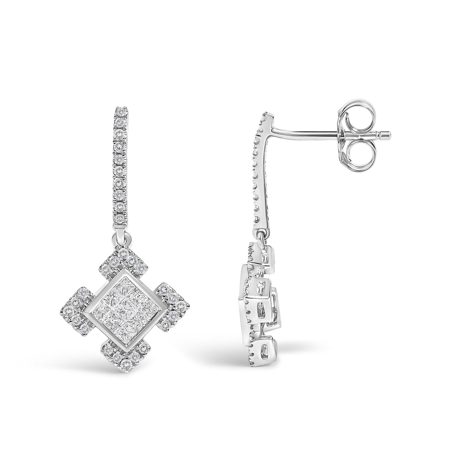 Princess & Round Diamond Geometric Dangle Earrings in 10K White Gold – 1/2 Cttw