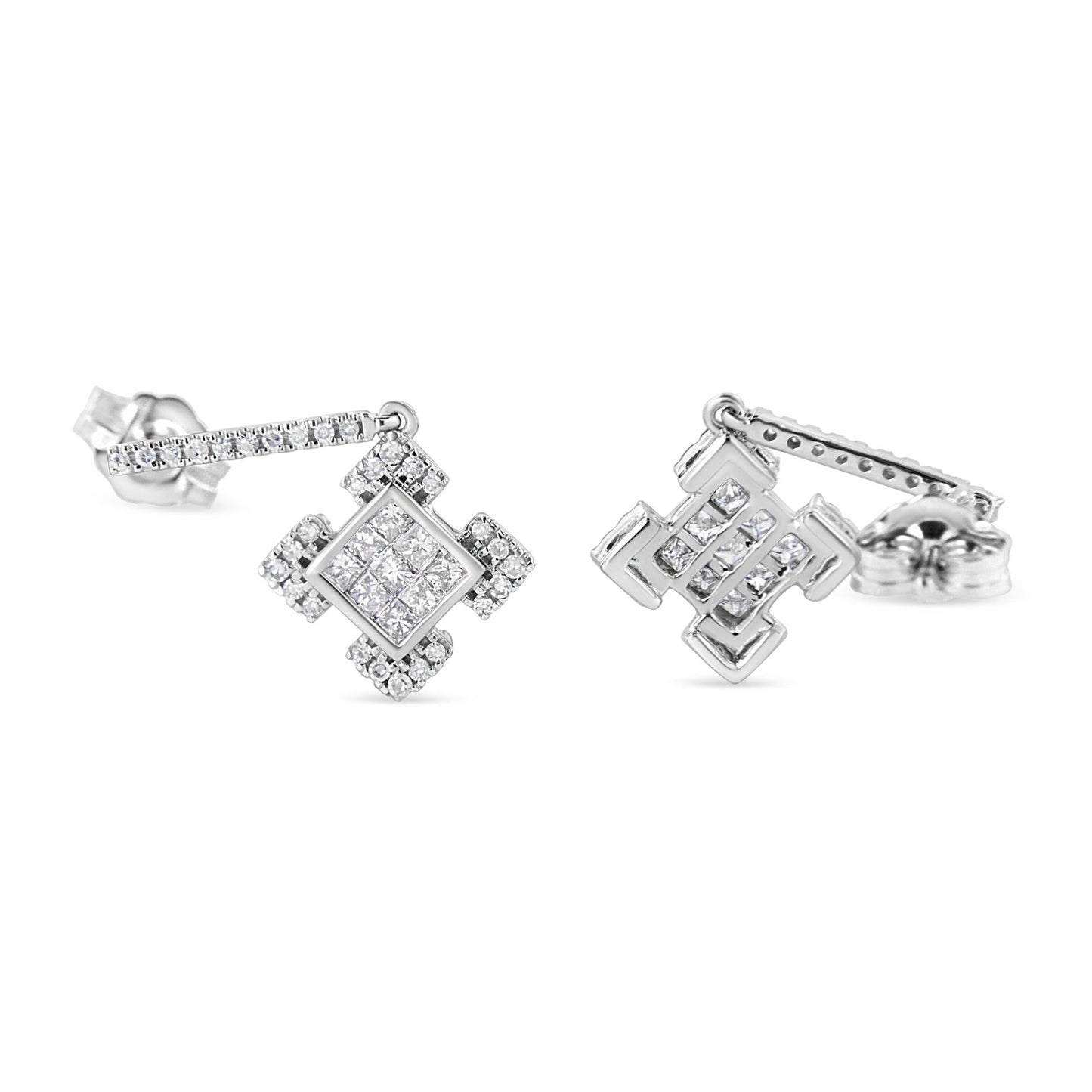 Princess & Round Diamond Geometric Dangle Earrings in 10K White Gold – 1/2 Cttw