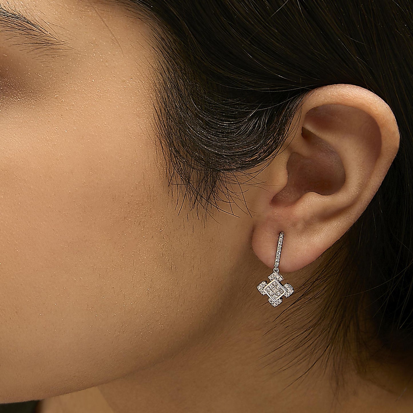 Princess & Round Diamond Geometric Dangle Earrings in 10K White Gold – 1/2 Cttw