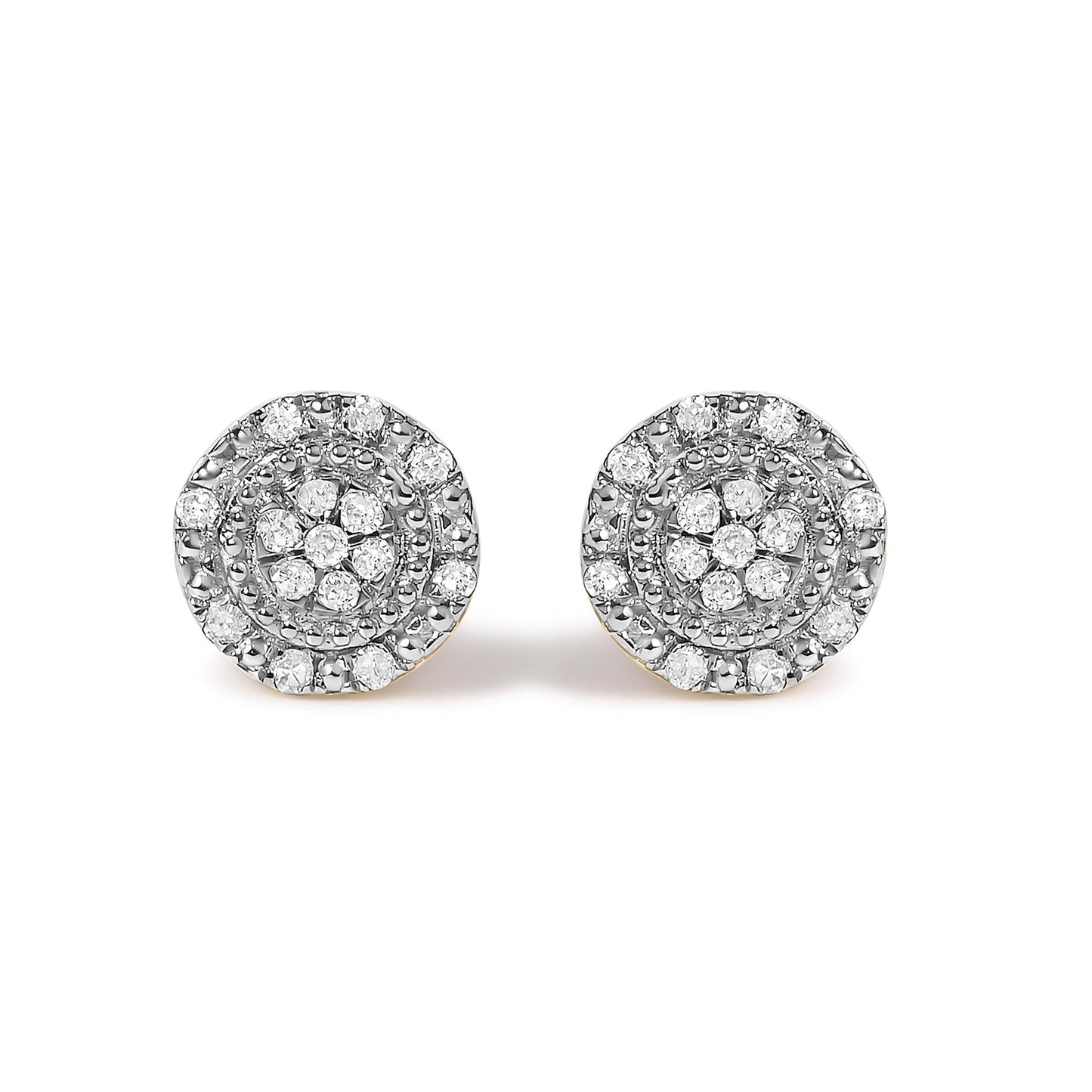 Diamond Beaded Double Halo Stud Earrings in 10K Yellow Gold – 1/7 Cttw