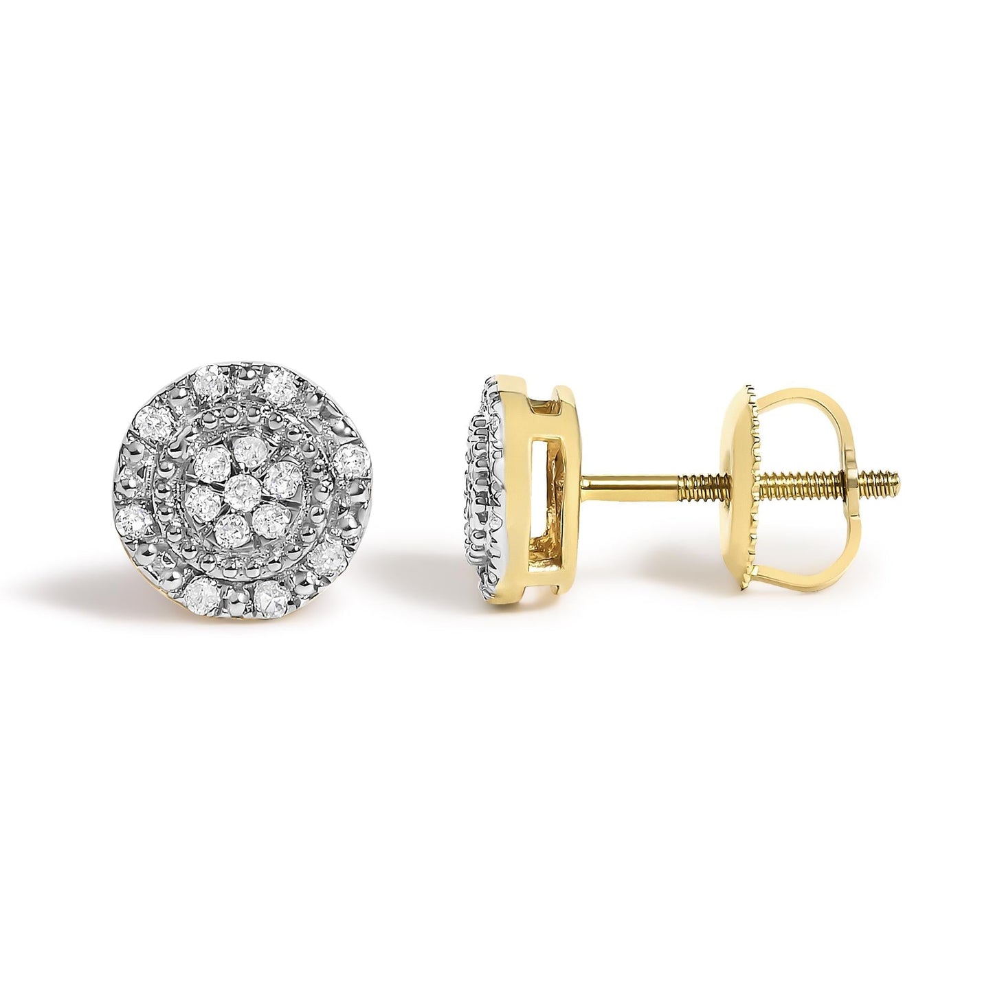 Diamond Beaded Double Halo Stud Earrings in 10K Yellow Gold – 1/7 Cttw