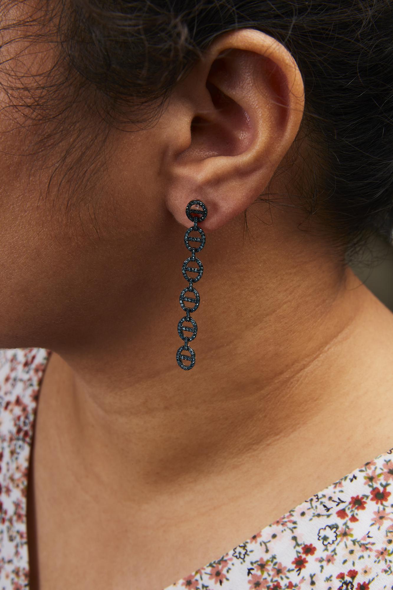 Treated Blue Diamond Linked Circle Drop Earrings in Sterling Silver – 1 Cttw