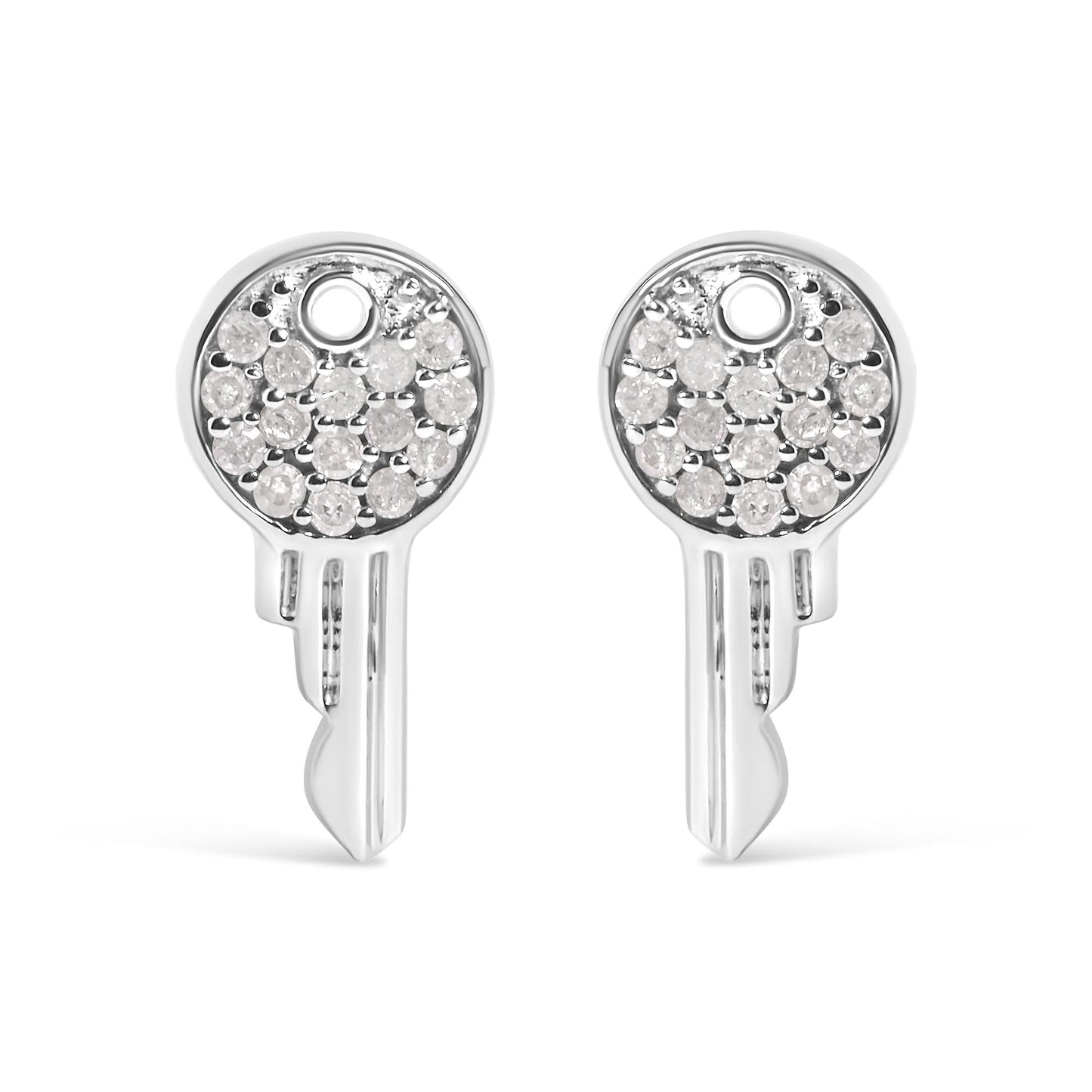 Natural Diamond Key Motif Charm Stud Earrings in Sterling Silver – 1/6 Cttw