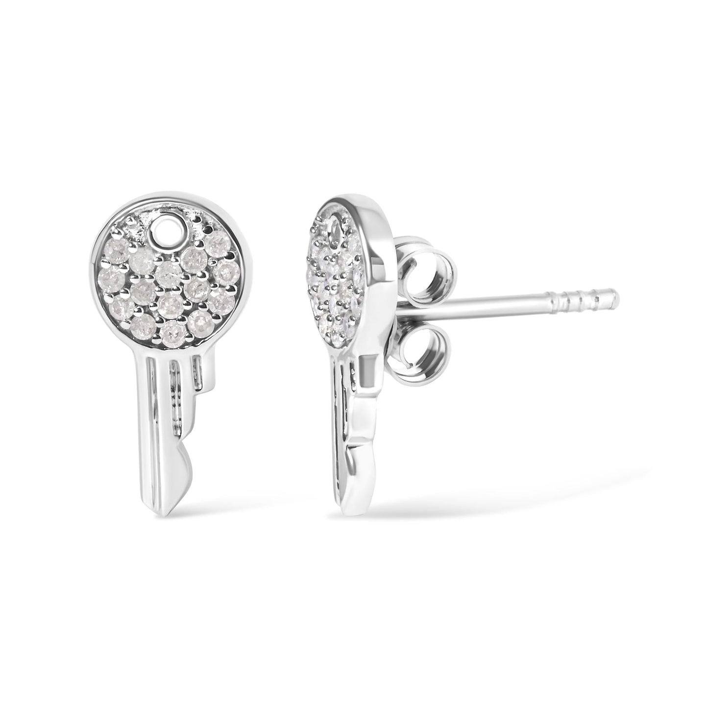 Natural Diamond Key Motif Charm Stud Earrings in Sterling Silver – 1/6 Cttw