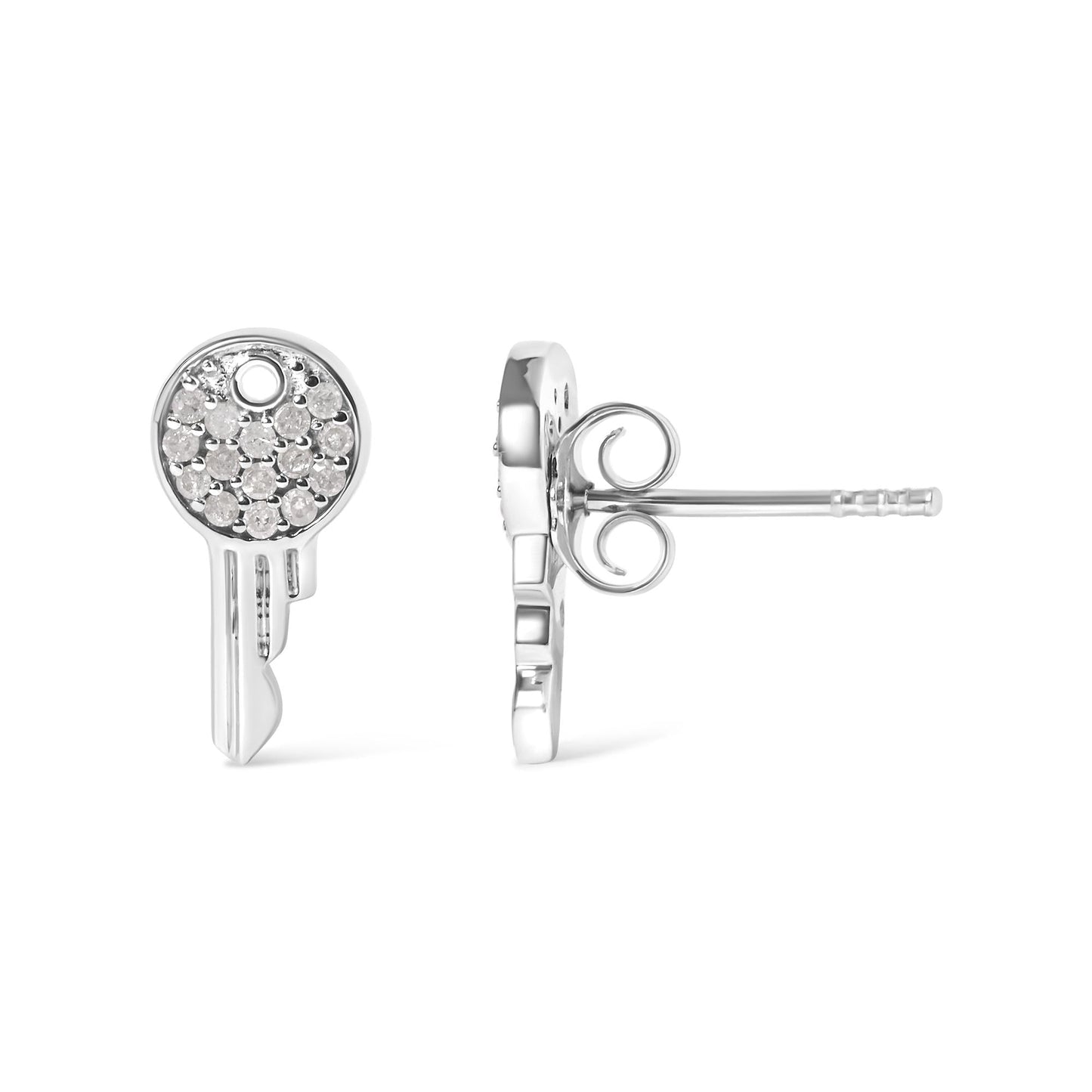 Natural Diamond Key Motif Charm Stud Earrings in Sterling Silver – 1/6 Cttw