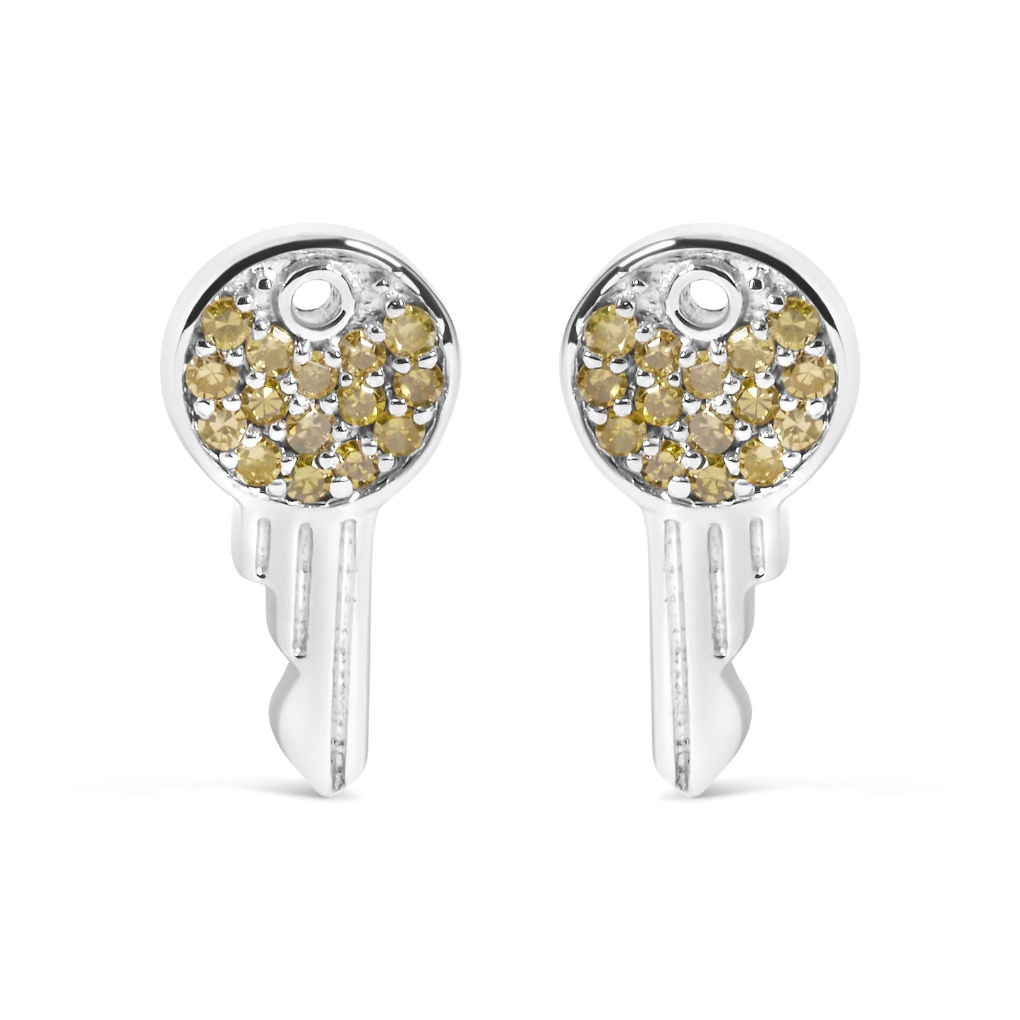 Treated Yellow Diamond Key Motif Charm Stud Earrings in Sterling Silver – 1/6 Cttw