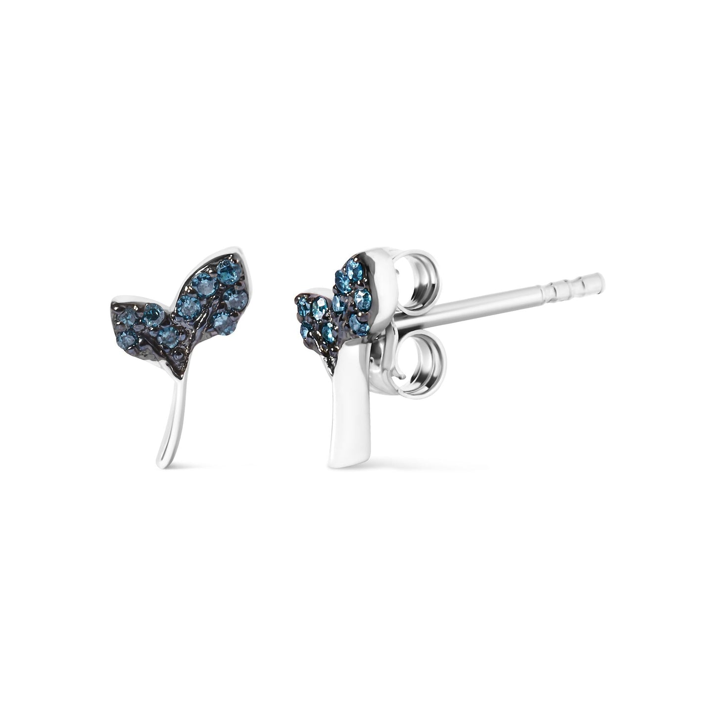 Treated Blue Diamond Leaf Motif Stud Earrings in Sterling Silver – 1/16 Cttw