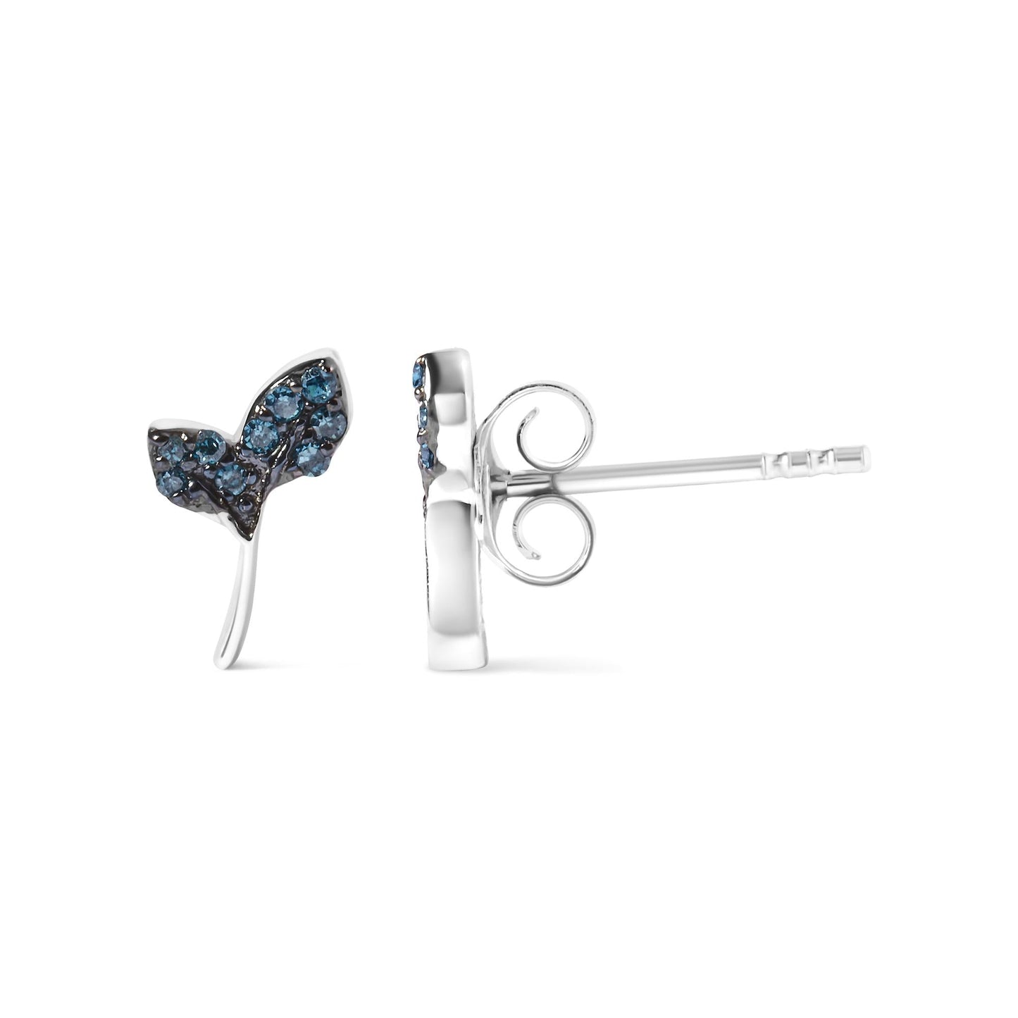 Treated Blue Diamond Leaf Motif Stud Earrings in Sterling Silver – 1/16 Cttw