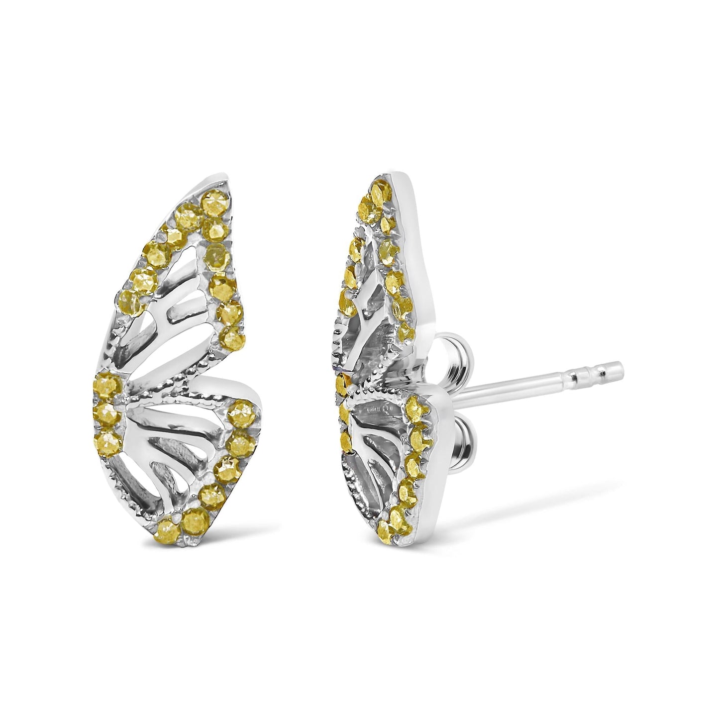 Treated Yellow Diamond Butterfly Stud Earrings in Sterling Silver – 1/6 Cttw