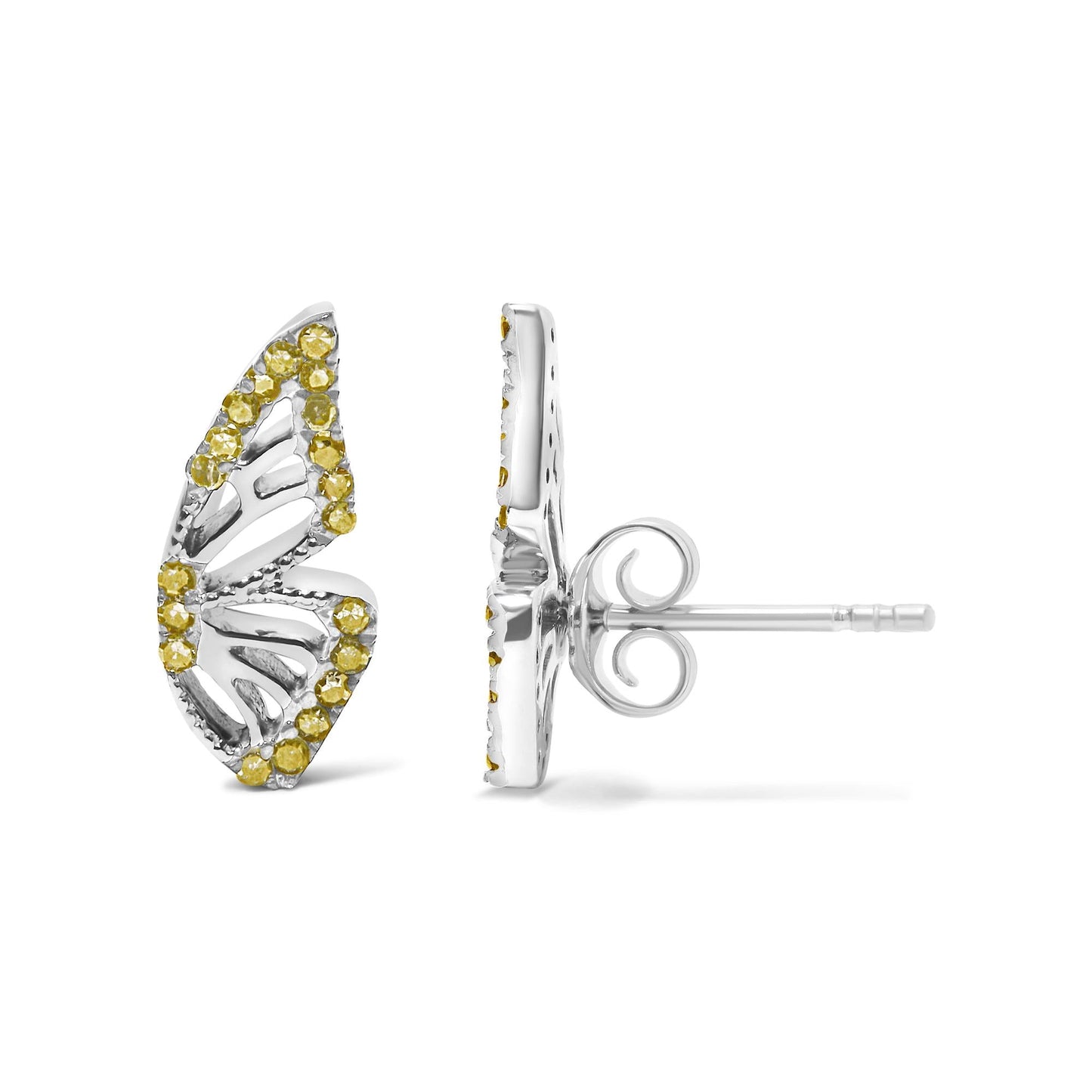 Treated Yellow Diamond Butterfly Stud Earrings in Sterling Silver – 1/6 Cttw