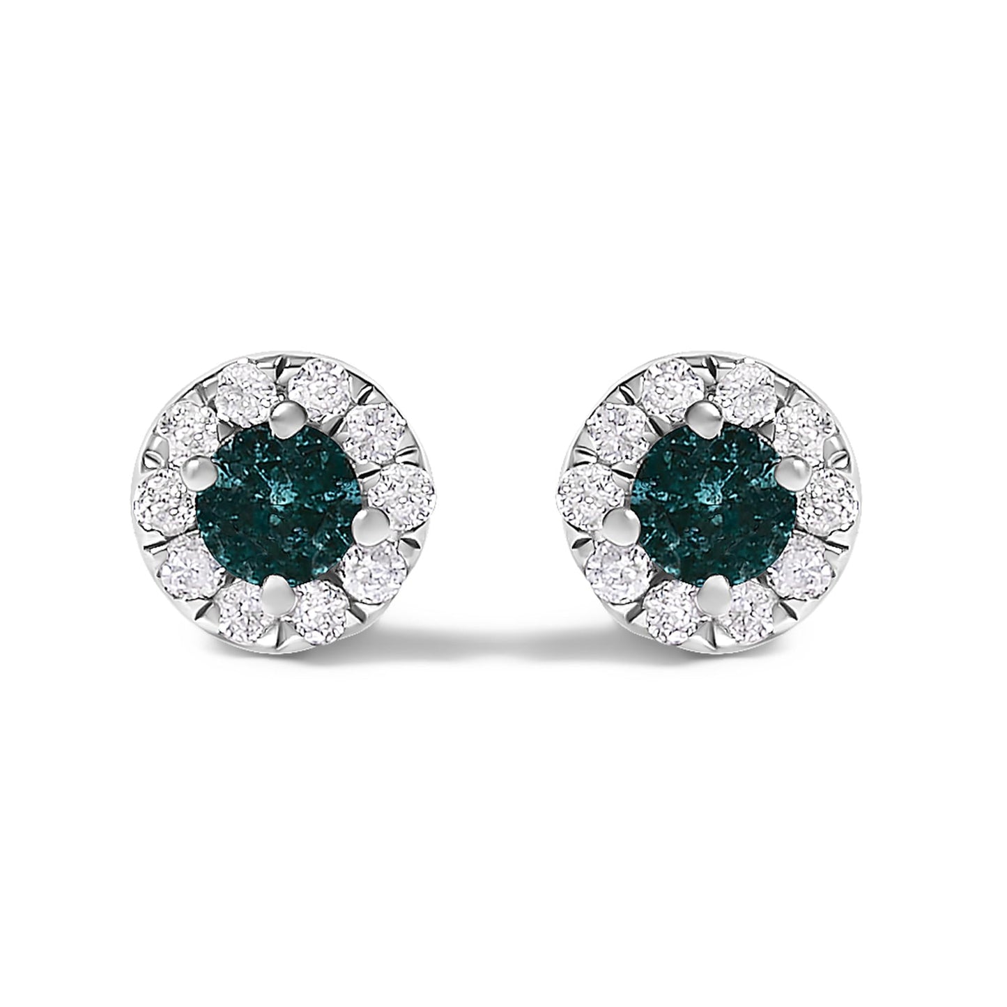 Blue Diamond Halo Stud Earrings in Sterling Silver – 1/3 Cttw