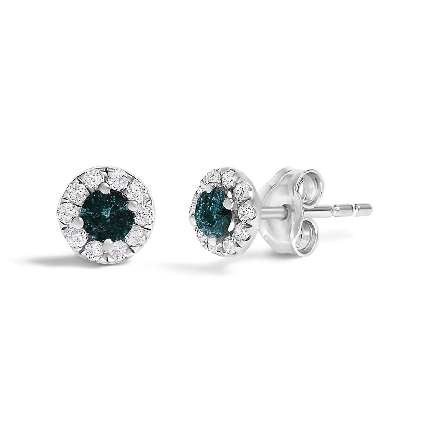 Blue Diamond Halo Stud Earrings in Sterling Silver – 1/3 Cttw
