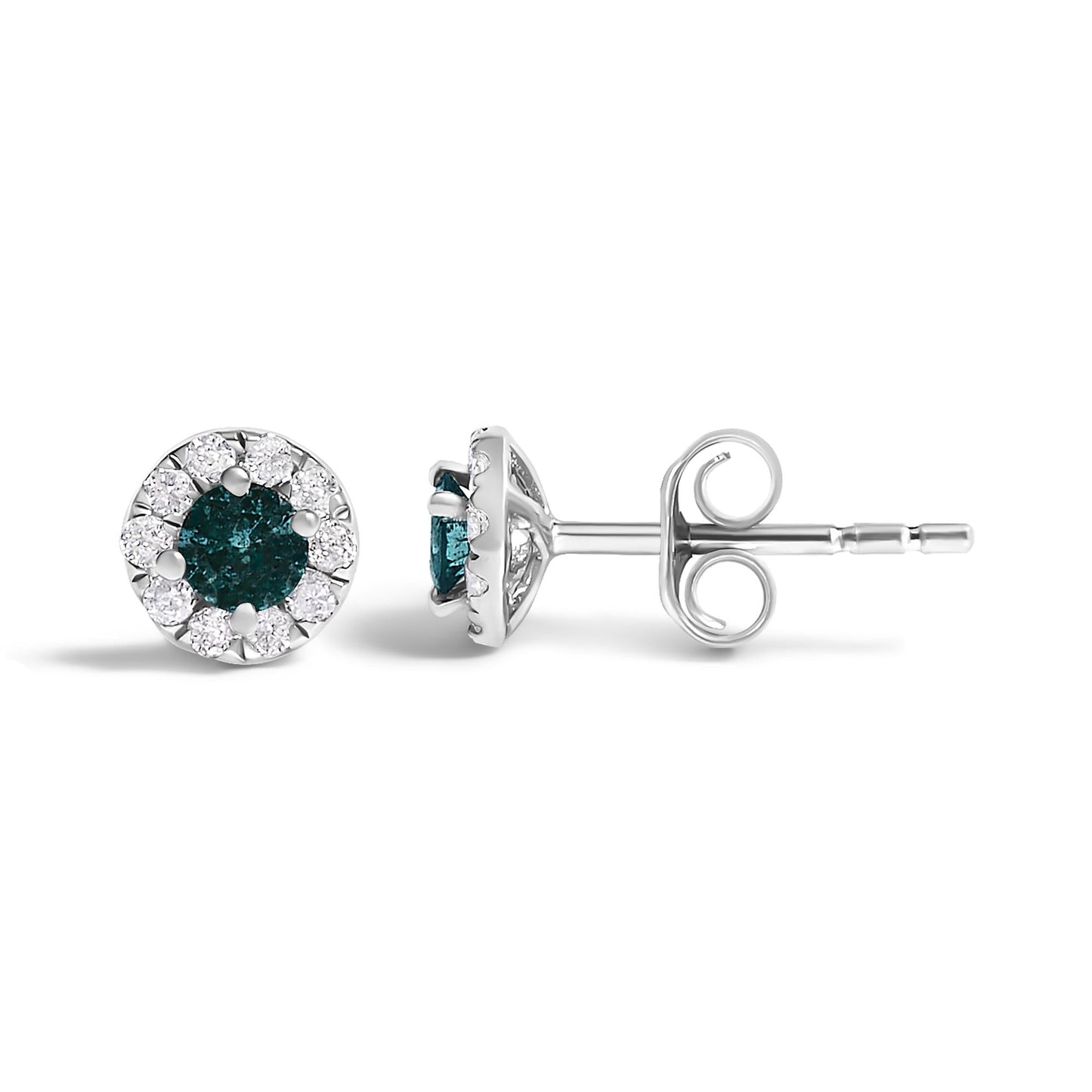 Blue Diamond Halo Stud Earrings in Sterling Silver – 1/3 Cttw