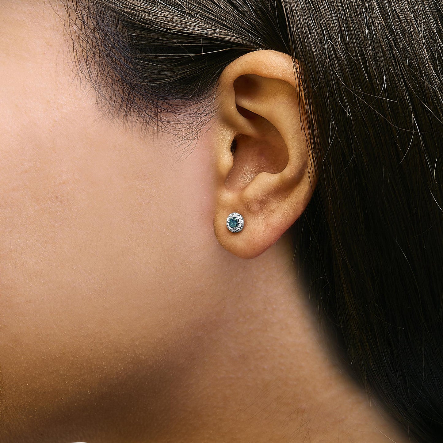 Blue Diamond Halo Stud Earrings in Sterling Silver – 1/3 Cttw