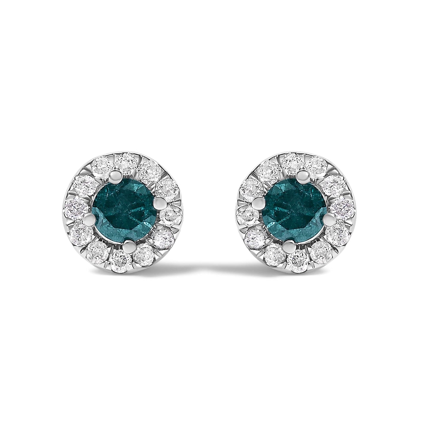 Blue Diamond Halo Stud Earrings in Sterling Silver – 1/2 Cttw