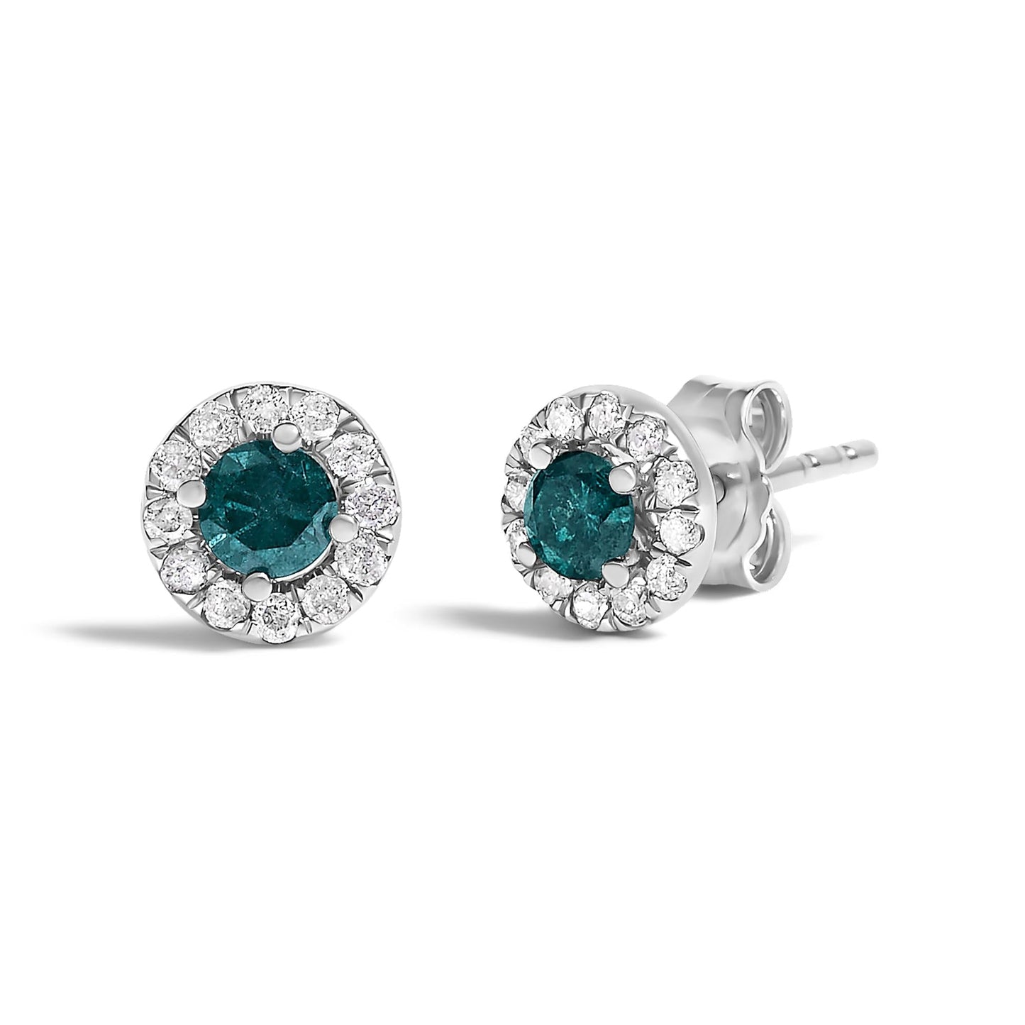 Blue Diamond Halo Stud Earrings in Sterling Silver – 1/2 Cttw