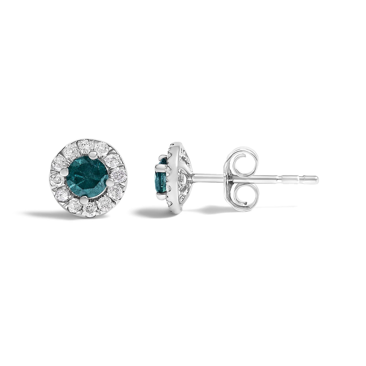 Blue Diamond Halo Stud Earrings in Sterling Silver – 1/2 Cttw