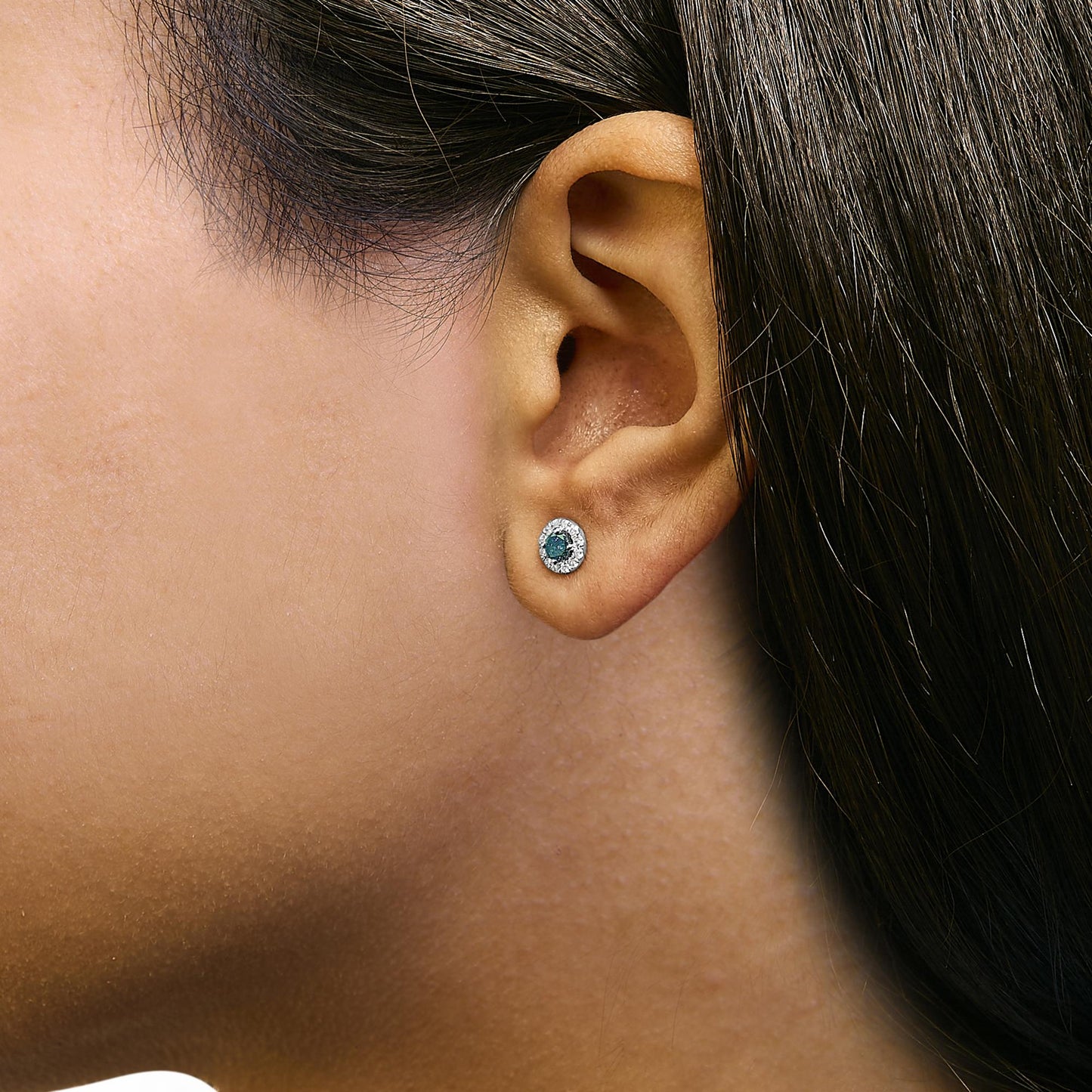 Blue Diamond Halo Stud Earrings in Sterling Silver – 1/2 Cttw