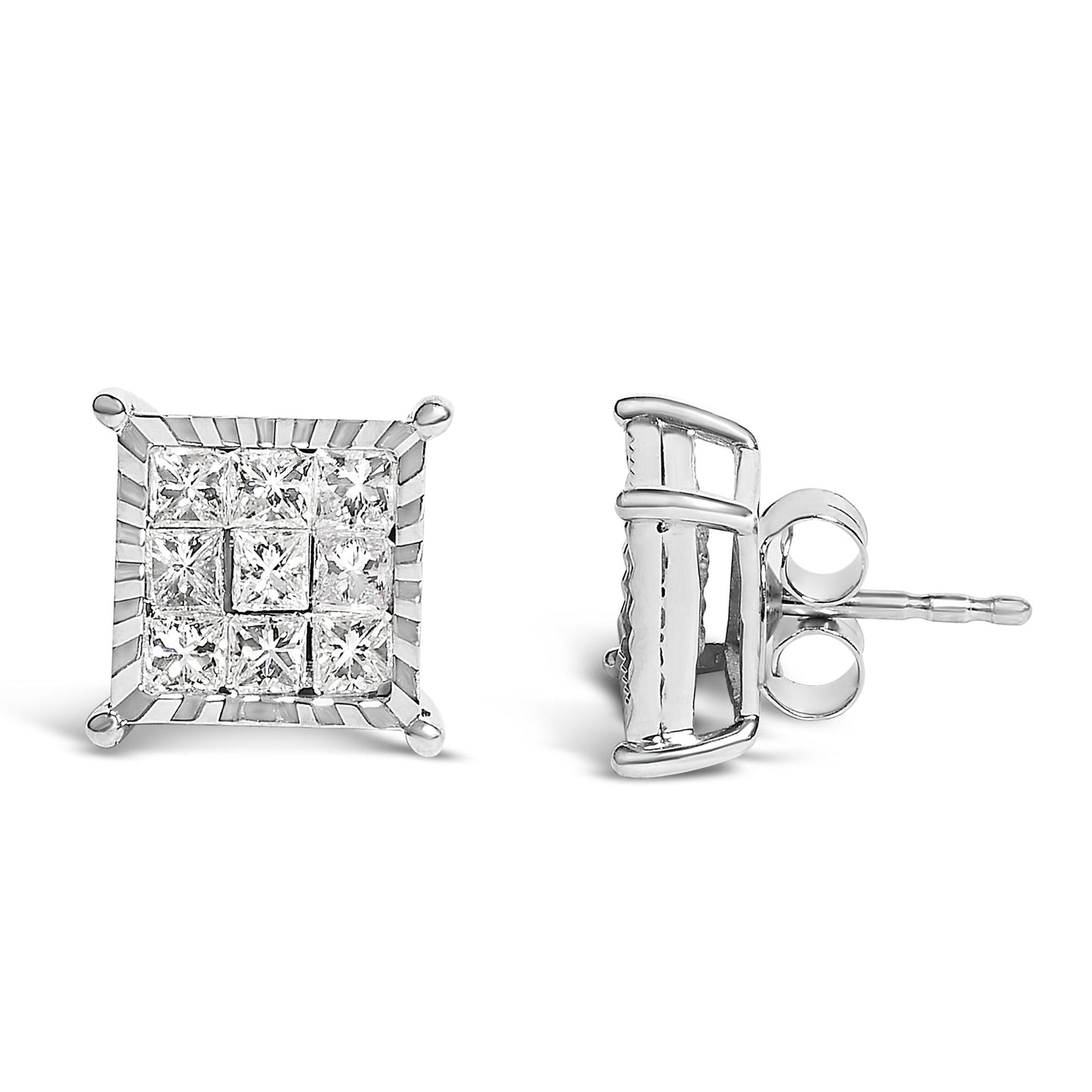 Princess Diamond Square Stud Earrings in Sterling Silver – 1 Cttw
