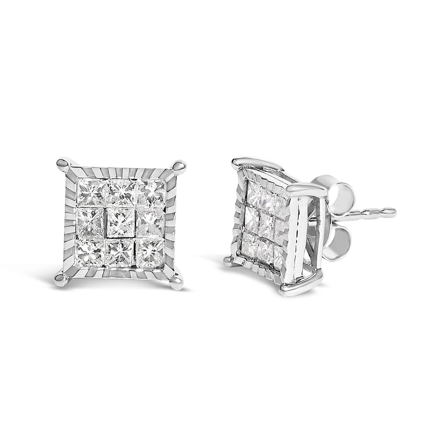 Princess Diamond Square Stud Earrings in Sterling Silver – 1 Cttw