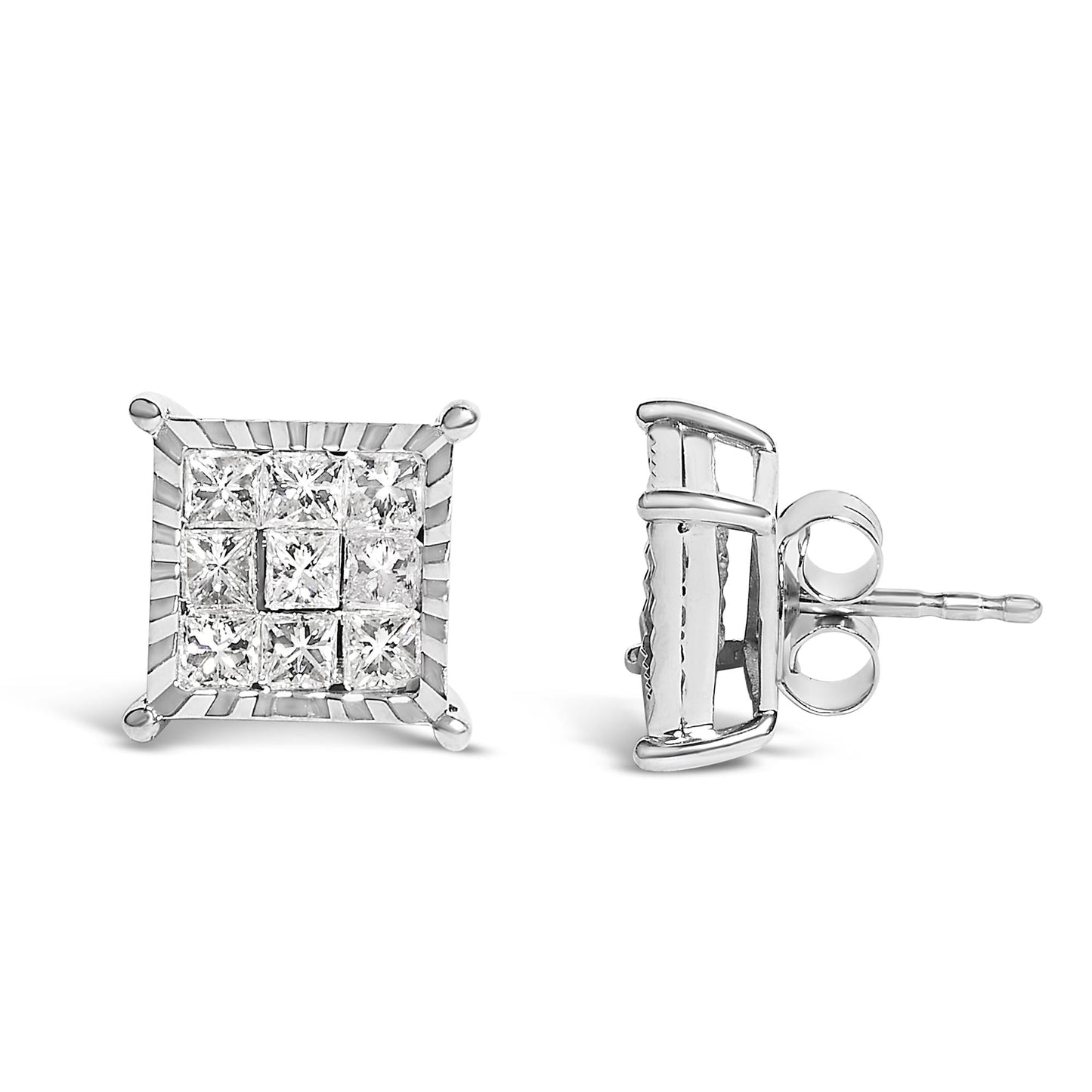 Princess Diamond Square Stud Earrings in Sterling Silver – 1 Cttw