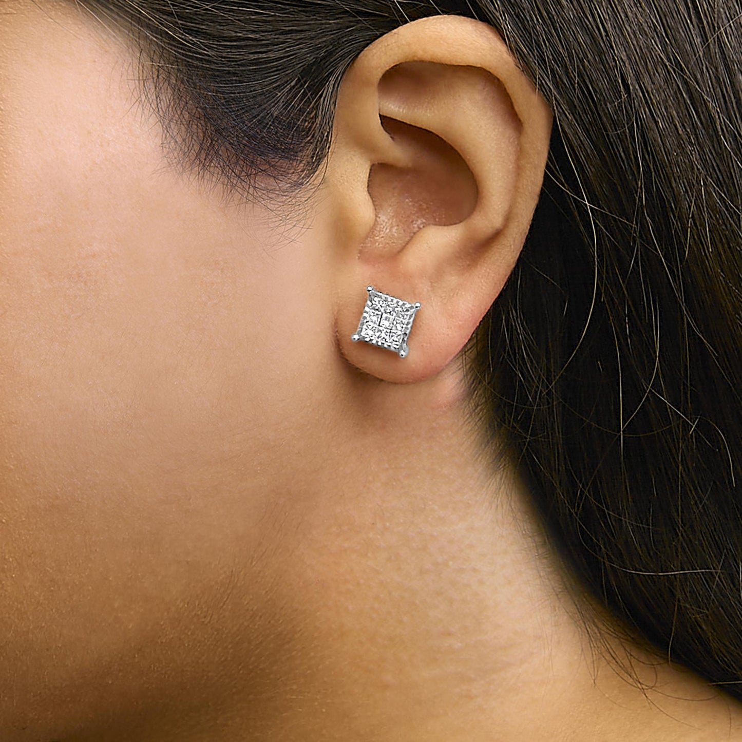 Princess Diamond Square Stud Earrings in Sterling Silver – 1 Cttw
