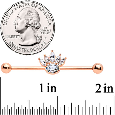 14G Clear Gem Rose Gold Tone Anodized Crown Industrial Barbell 38mm