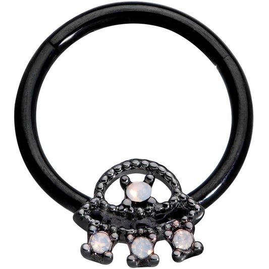 16G 3/8 White Faux Opal Black UFO Hinged Segment Ring
