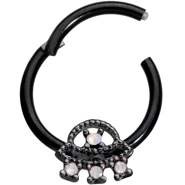 16G 3/8 White Faux Opal Black UFO Hinged Segment Ring