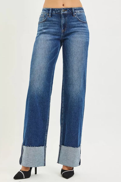 RISEN Mid Rise Wide Straight Jeans With Wide Cuff