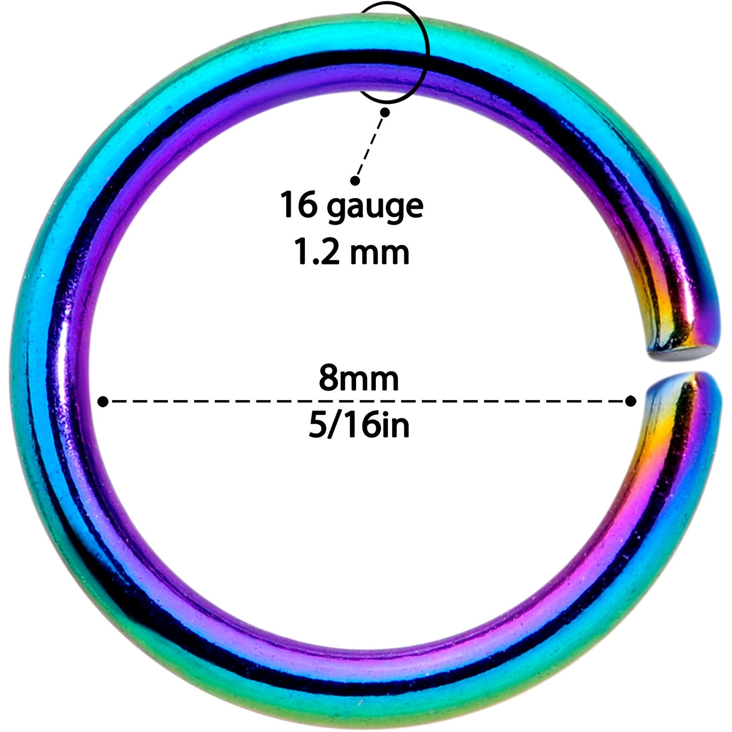 16G 5/16 Rainbow Anodized Seamless Cartilage Ring Set of 12