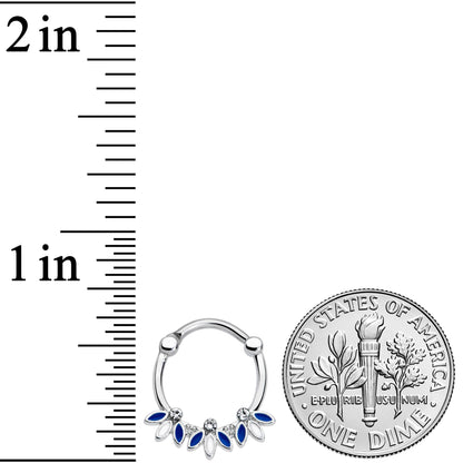 16G 3/8 Clear Gem White Blue Leaves Septum Clicker