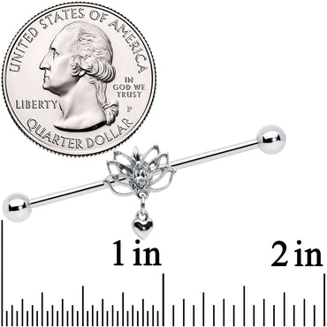 14G Clear Gem Lotus Flower Heart Dangle Industrial Barbell 38mm