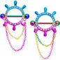 14G 9/16 Clear Gem Rainbow Ships Wheel Chain Dangle Nipple Shield Set